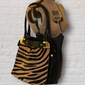 Paolo Masi Italian Leather Black Brown Zebra Print Cowhide Shoulder Bag Purse